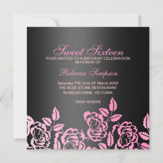 Pink & Black Rose Petal Sweet 16 Birthday Invite
