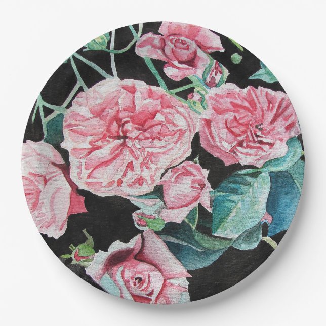 Pink Black Roses Floral flowers Party Paper Plate (Front)