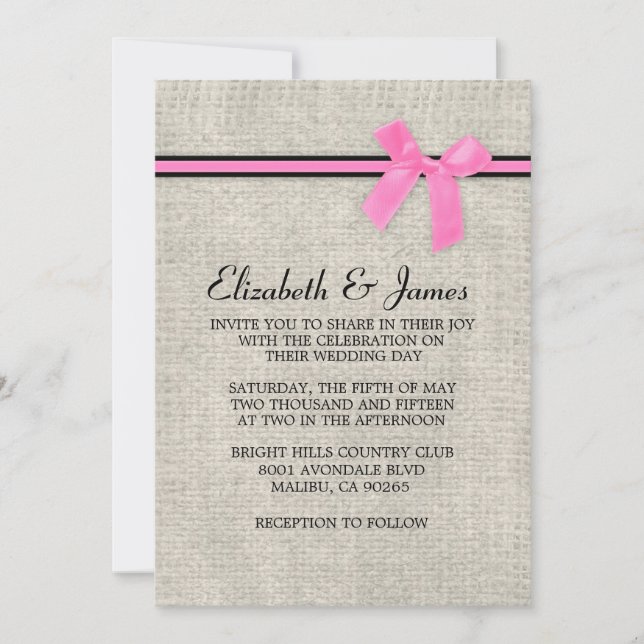 Pink & Black Rustic Burlap Wedding Invitations (Front)