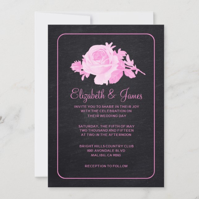 Pink Black Rustic Floral/Flower Wedding Invitation (Front)