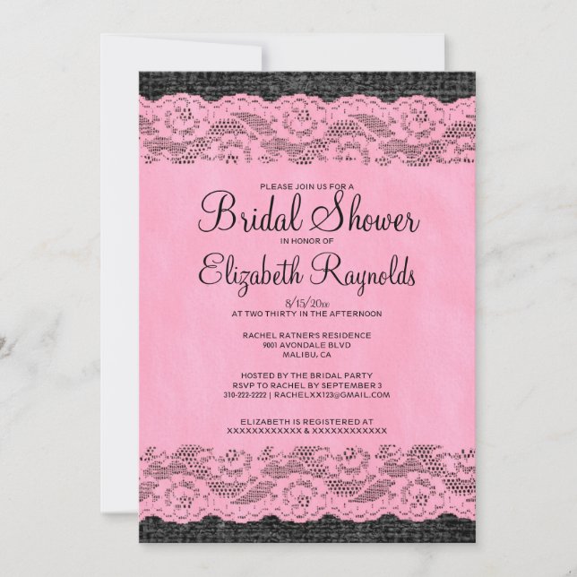 Pink & Black Rustic Lace Bridal Shower Invitations (Front)