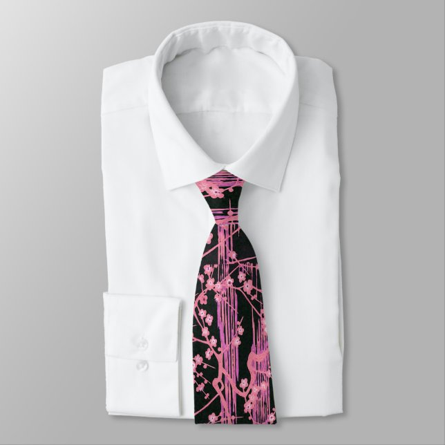 PINK BLACK SAKURA FLOWERS Japanese Floral Pattern Tie (Tied)