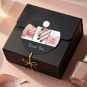 Pink Black Script Logo Photo Nail Salon Thank You Classic Round Sticker
