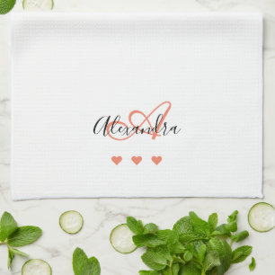 Pink Black Script Name Monogram Bridal Tea Towel