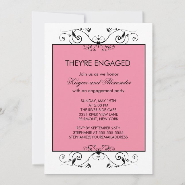 Pink & Black Scroll Engagement Invitations (Front)