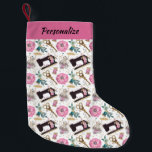 Pink Black Sewing Maching Thread Design Christmas  Small Christmas Stocking<br><div class="desc">Pink and black sewing machine thread design, featuring a vintage sewing machine and spools of thread in pink and black. This personalized holiday décor adds a crafty festive accent to your custom Christmas decoration. The pink and black sewing machine thread design is perfect for sewing lovers, crafters, and handmade holiday...</div>