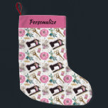 Pink Black Sewing Maching Thread Design Christmas  Small Christmas Stocking<br><div class="desc">Pink and black sewing machine thread design, featuring a vintage sewing machine and spools of thread in pink and black. This personalized holiday décor adds a crafty festive accent to your custom Christmas decoration. The pink and black sewing machine thread design is perfect for sewing lovers, crafters, and handmade holiday...</div>