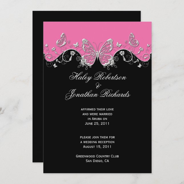 Pink Black Silver Butterflies Post Wedding Invitation (Front/Back)