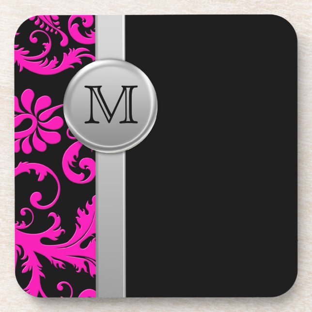 Pink, Black, Silver Damask Coaster Set (6) (Front)