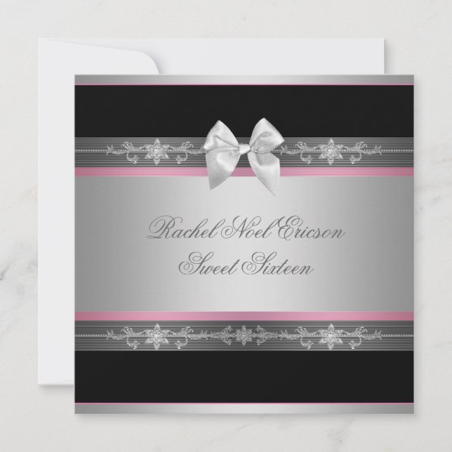 Pink Black Silver Elegant Sweet Sixteen Invitation (Front)