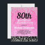 Pink Black Silver Glitter Adult 80th Birthday Card<br><div class="desc">Fun 80th birthday party invitation for women in bright,  hot pink on black with sparkly silver glitter.   You can customise the text on this card for a birthday party for any age you are celebrating.</div>