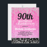 Pink Black Silver Glitter Adult 90th Birthday Card<br><div class="desc">Fun,  glitzy,  and glamourous 90th birthday party invitation for women in bright,  hot pink on black with sparkly silver glitter.   You can customise the text on this card for a birthday party for any age you are celebrating.</div>