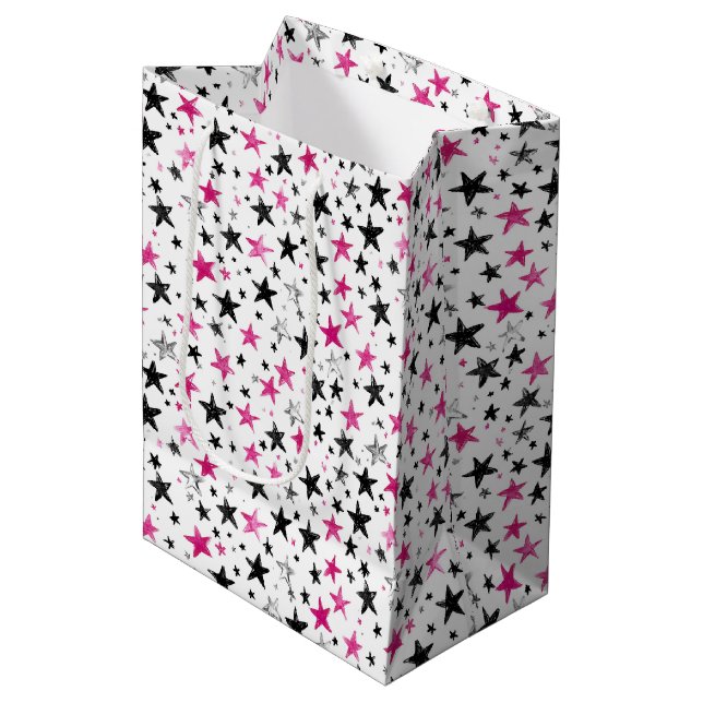 Pink Black Silver Stars Birthday Medium Gift Bag (Front Angled)