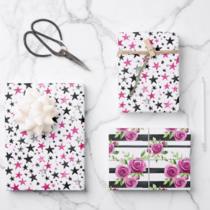 Pink Black Silver Stars Flowers Stripes Birthday Wrapping Paper Sheet