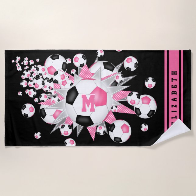  Pink black soccer ball blowout girls custom name Beach Towel (Front)