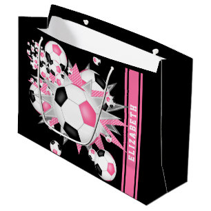 Pink black soccer ball blowout personalised large gift bag