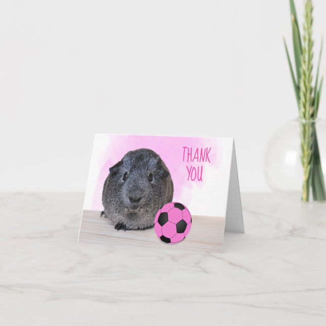 Pink Black Soccer Ball Guinea Pig Horizontal Thank You Card (Front)