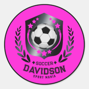 Pink Black Soccer Ball With Custom Name Text Classic Round Sticker