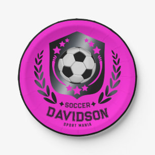 Pink Black Soccer Ball With Custom Name Text Paper Plate