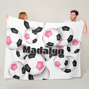 pink black soccer balls cluster girls sports room fleece blanket