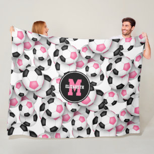pink black soccer balls pattern monogrammed fleece blanket