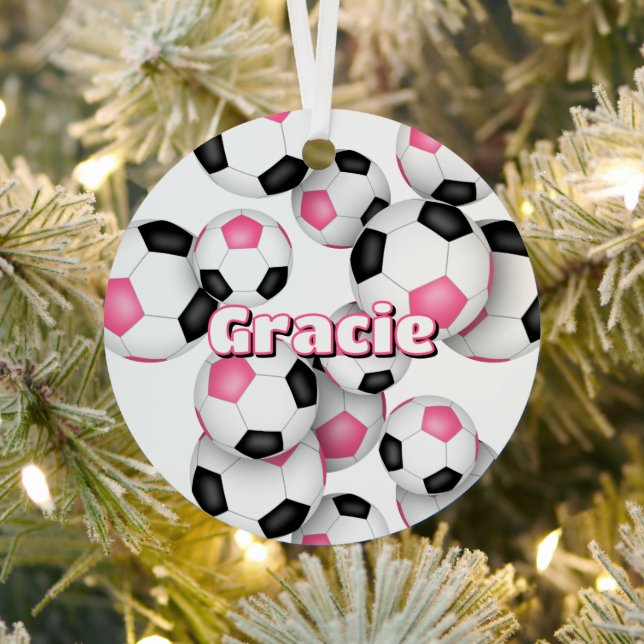 pink black soccer balls sports keepsake metal tree decoration (Insitu)