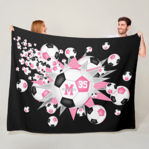 pink black soccer balls stars girls sports decor fleece blanket