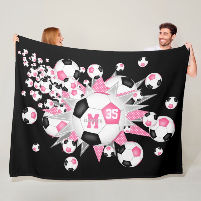 pink black soccer balls stars girls sports decor fleece blanket (In Situ)