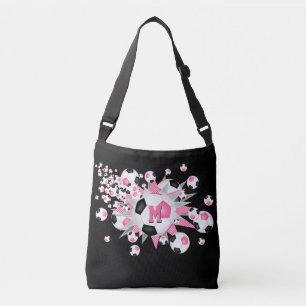 Pink black soccer balls stars monogrammed crossbody bag