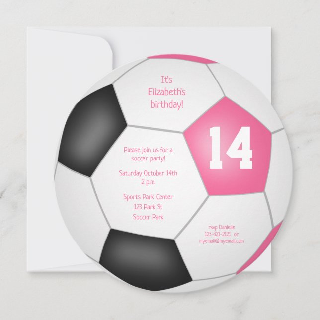 pink black soccer themed birthday party announcement (Front)