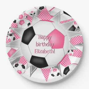 pink black soccerball blowout sports birthday  paper plate