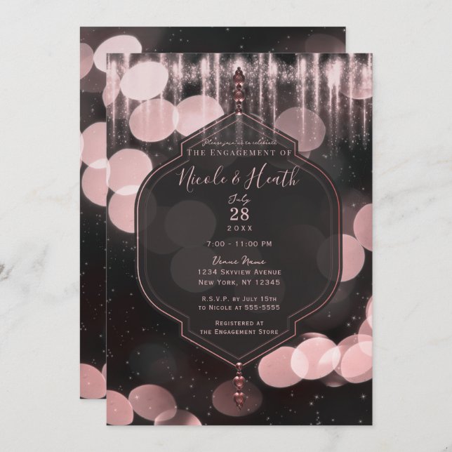 Pink Black Sparkle Lights Mystical Engagement Invitation (Front/Back)