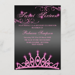 Pink & Black Sparkle Tiara Birthday Invitation
