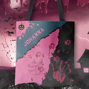 Pink & Black Spooky Paw Prints Tote Bag