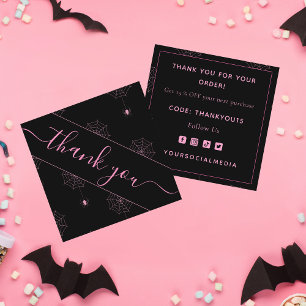 Pink & Black Spooky Spider Web Halloween Thank You Square Business Card