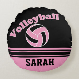 Pink & Black Sport Volleyball   DIY Name Round Cushion