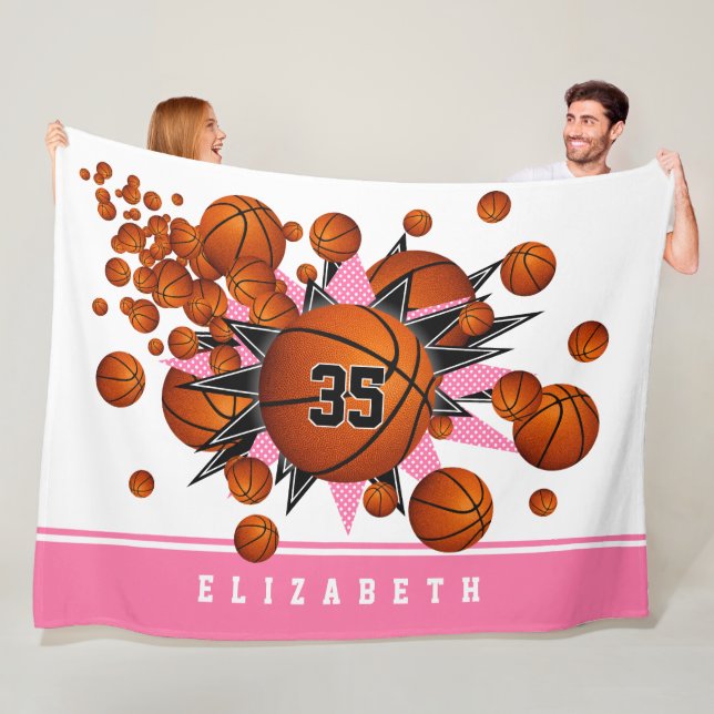 pink black sports room decor basketballs stars fleece blanket (In Situ)