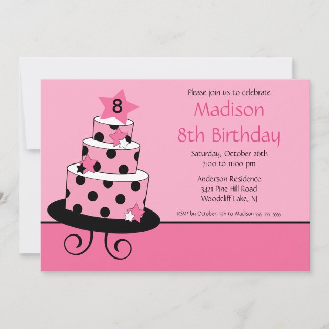 Pink & Black Star Cake Birthday Invitation (Front)
