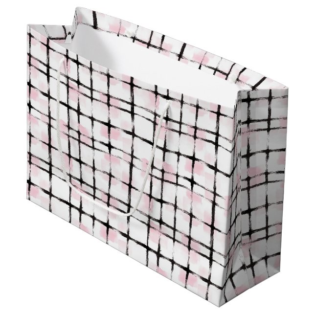 Pink Black Stripes Birthday Large Gift Bag (Front Angled)