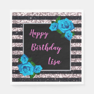 Pink Black Stripes Glitter Blue Roses Birthday Napkin