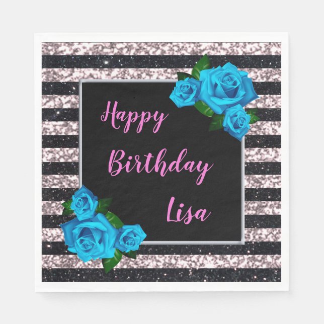 Pink Black Stripes Glitter Blue Roses Birthday Napkin (Front)