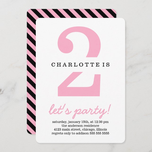 Pink & Black Stripes Kids Birthday Party Invitation (Front/Back)