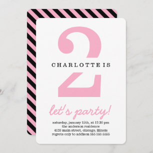 Pink & Black Stripes Kids Birthday Party Invitation