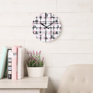 Pink Black Stripes Large Clock