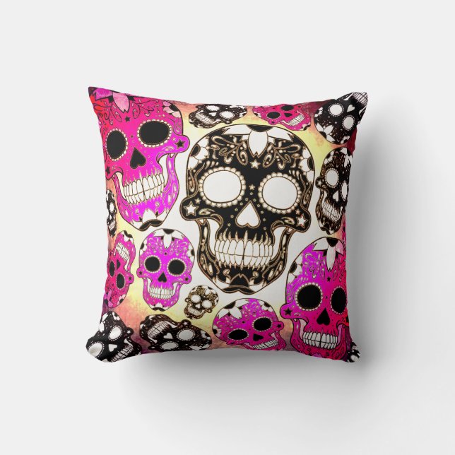 Pink black sugar skulls grunge square pillow (Front)