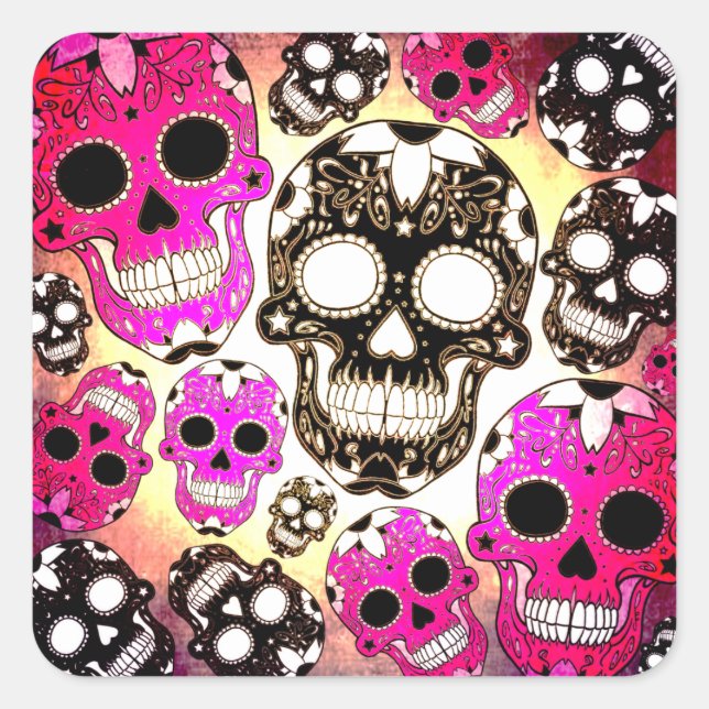 Pink black sugar skulls grunge square stickers (Front)