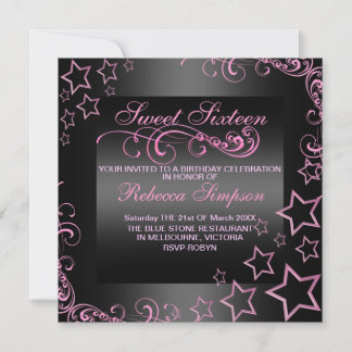 Pink/Black Sweet16 Star & Swirl Birthday Invite