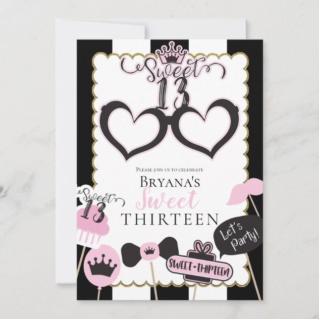 Pink Black Sweet 13 Photo Booth Birthday Party Invitation (Front)