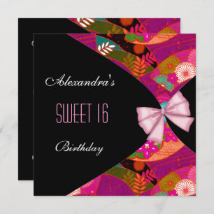 Pink Black Sweet 16 Birthday Party Invitation Flor