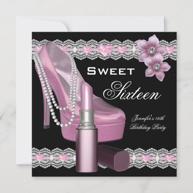 Pink Black Sweet Sixteen 16 Party Shoe Lipstick Invitation (Front)